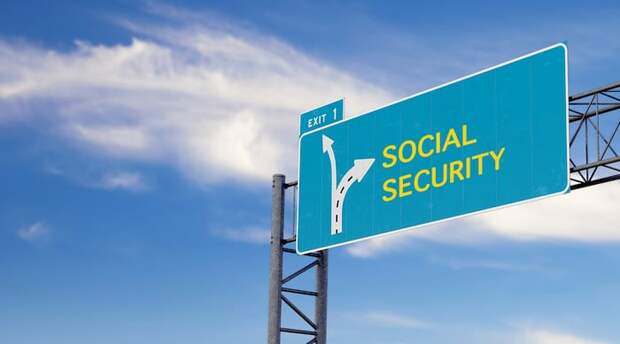 A road sign with Social Security printed next to an arrow pointing right.