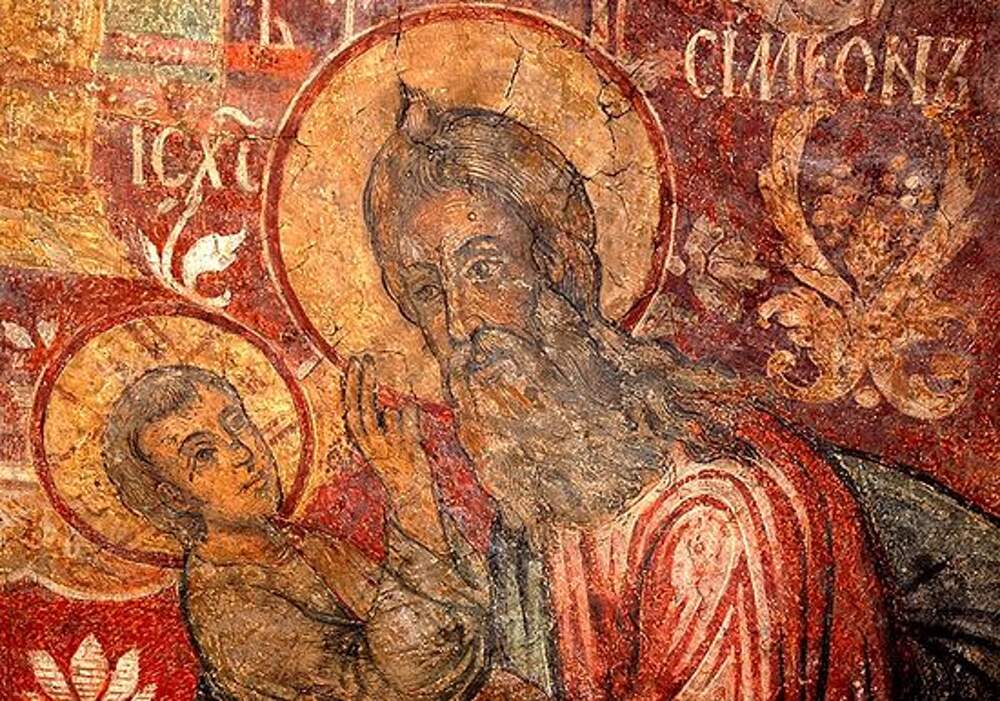 Фреска сретенье господне выполненная в 1465 году. Сретение Византия. Сретение Господне фреска. Сретение Господне фреска Афон. Сретение икона фреска.