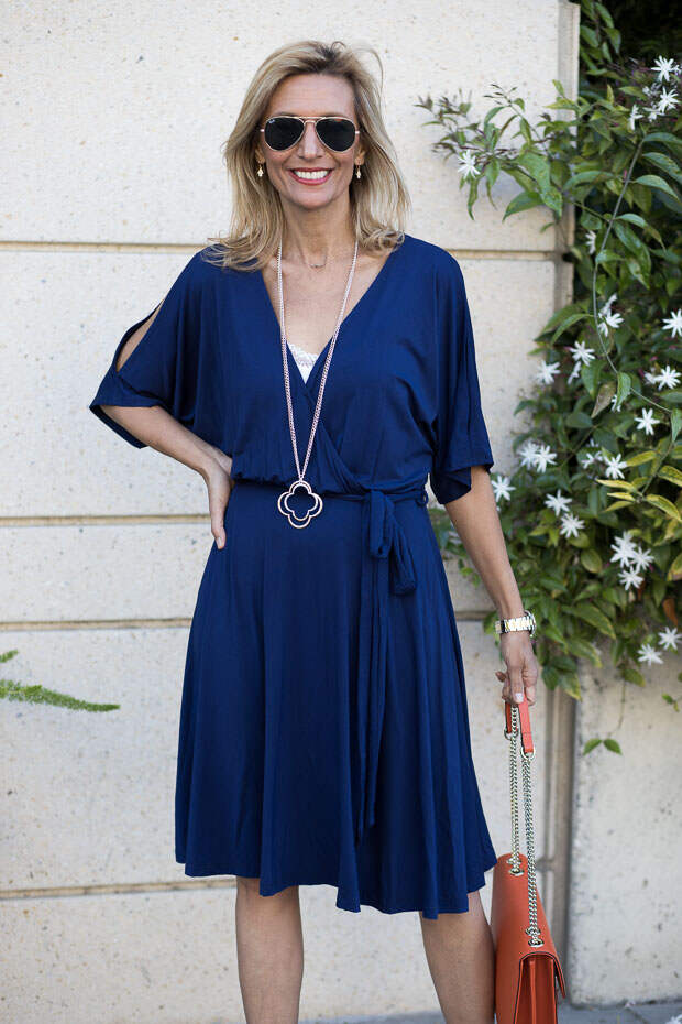 navy faux wrap jersey knit dress