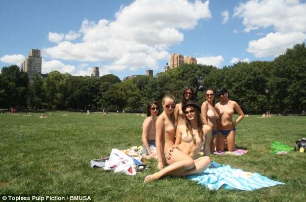 The group (pictured in Central Park) said if a man can show his chest then a woman should be allowed to