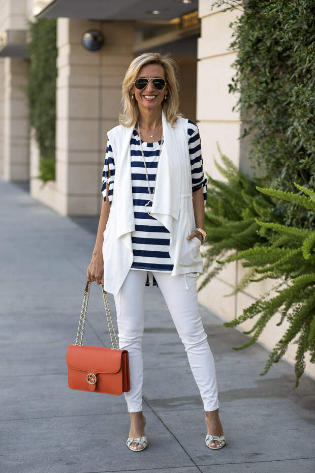 Navy and white stripe top with tie sleeves and ivory cargo vest