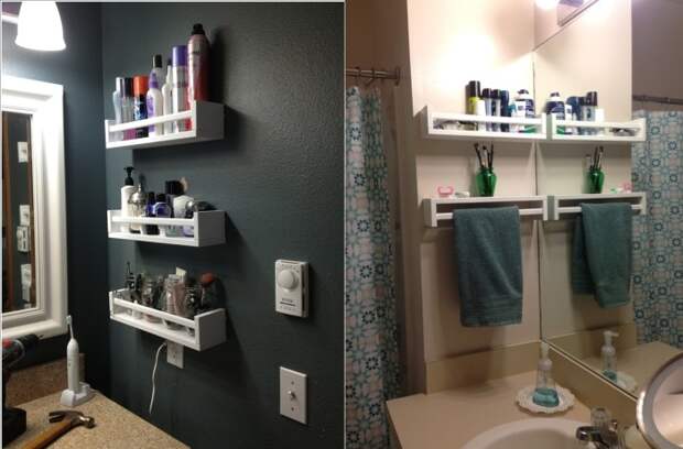 Пластиковые полки для ванной комнаты имеют перфорированное дно, позволяющее беспрепятственно стекать попавшей на полку воде.