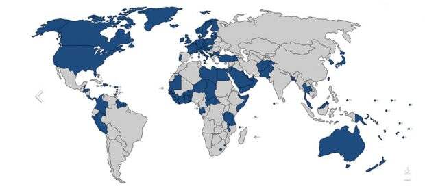 Карта стран согласно их позициям по статусу Косова. Синим отмечены страны, официально признавшие Косово независимым государством. Серым — не признавшие