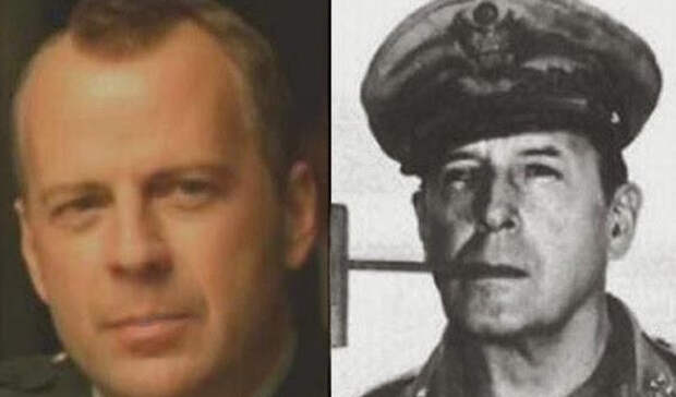 Брюс Уиллис/Дуглас МакАртур Не зря Уиллис традиционно играет брутальных парней. Судя по фотографии, в нем просто воплотился знаменитый американский генерал, Дуглас МакАртур.