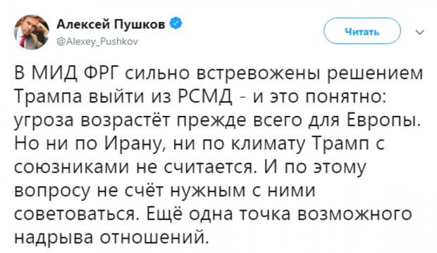 Точка надрыва: в Совфеде оценили реакцию Берлина на выход США из ДРСМД