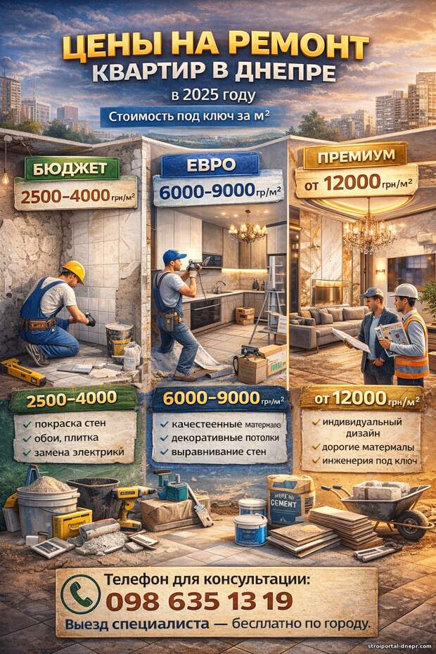 Цены на строительные и ремонтные работы в Днепре в 2025 году