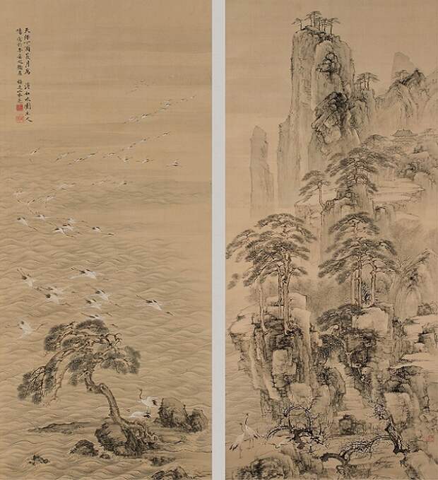 The Retreat of Cranes.  Mount Horai and cranes (631x692, 183Kb)