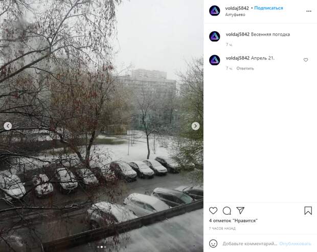 Фото дня: в апреле в Алтуфьеве выпал снег