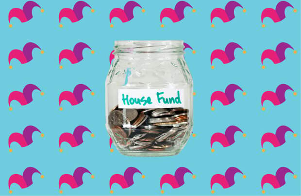 A glass jar that reads House Fund half filled with coins