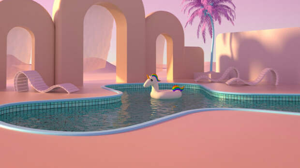 nft cryptocurrency art beeple pink palm tree pool rainbow unicorn