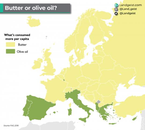 В каким странах популярнее оливковое масло, а в каких — сливочное
