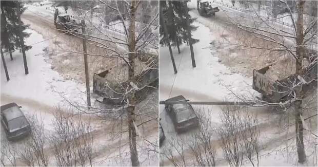 «Аккуратная» уборка снега: самосвал со снегом уронил столб на легковушку