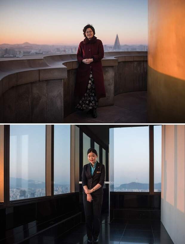 Вверху — женщина на смотровой площадке Монумента идей Чучхе в Пхеньяне. Внизу — женщина на смотровой площадке небоскреба Юксам-билдинг кндр, люди, северная корея, сравнение, страны, южная корея