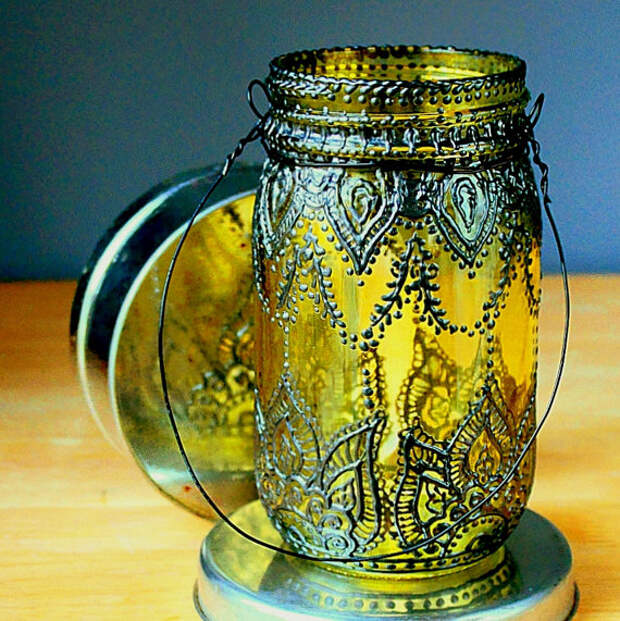 Ручная роспись Мейсон Jar фонарь, лимон Тонированные стекла с черными вставками