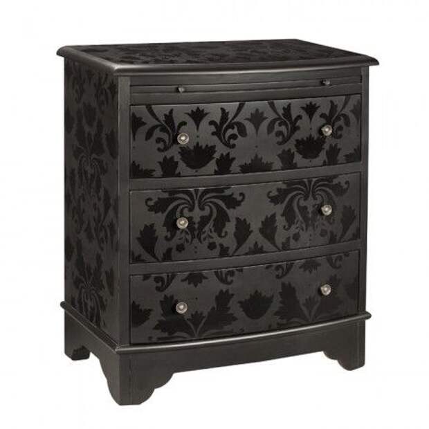 Dresser painted in black matte paint stenciled with black gloss paint. love