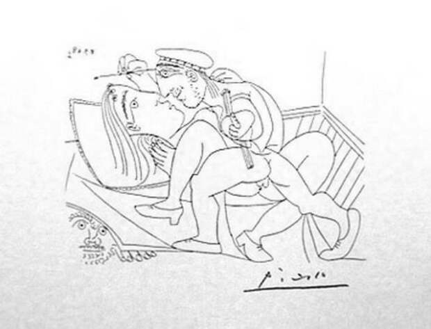 Пабло Пикассо. Подглядывающий из под кровати и художник, занимающийся любовью с моделью. 1968 год