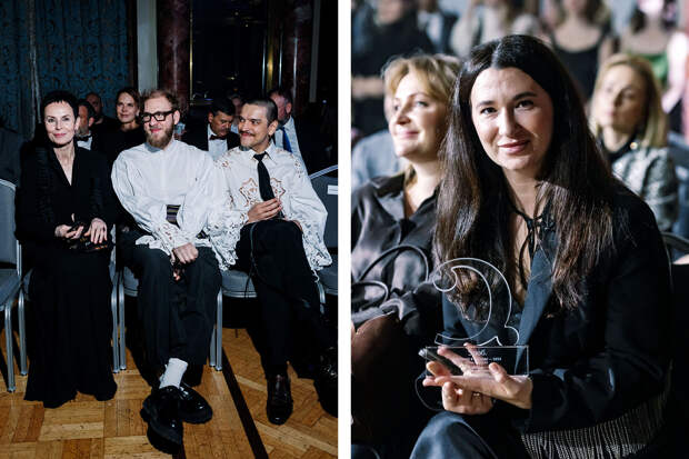 Слева: Ирина Апексимова, художественный руководитель Театра на Таганке, дизайнер Роман Уваров (в центре), Никита Калмыков, бренд ODOR / лауреат в номинации «Содержание формы» – Gloria Jeans