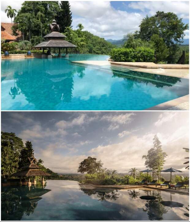 К услугам гостей курортного комплекса создан потрясающий бассейн («Anantara Golden Triangle Elephant Camp & Resort», Таиланд). | Фото: booking.com/ youtube.com, © Luxuori.