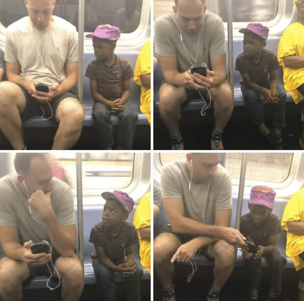 Guy Shares His Phone With A Little Boy On The Train