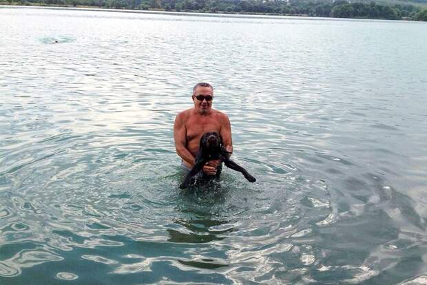 мужчина и собака в воде