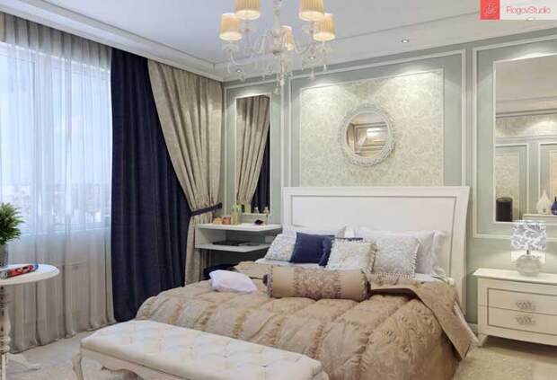 Дизайн небольшой спальни в классическом стиле.