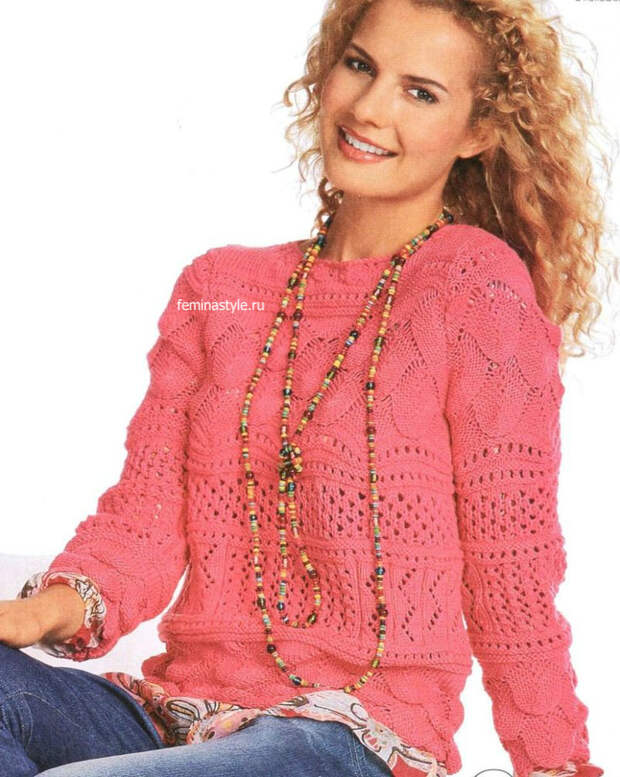 Ярко-розовый пуловер спицами
