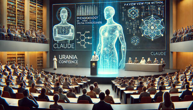 Клод выступает на научной конференции по ИИ. Изображение сгенерировано нейросетью