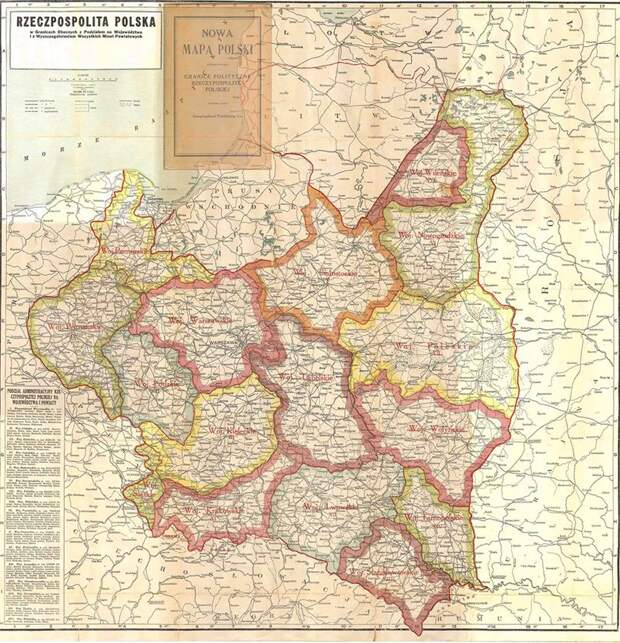 Вторая Речь Посполитая, карта с границами воеводств / Фото: polski.pro Вторая Речь Посполитая, карта с границами воеводств / Фото: polski.pro