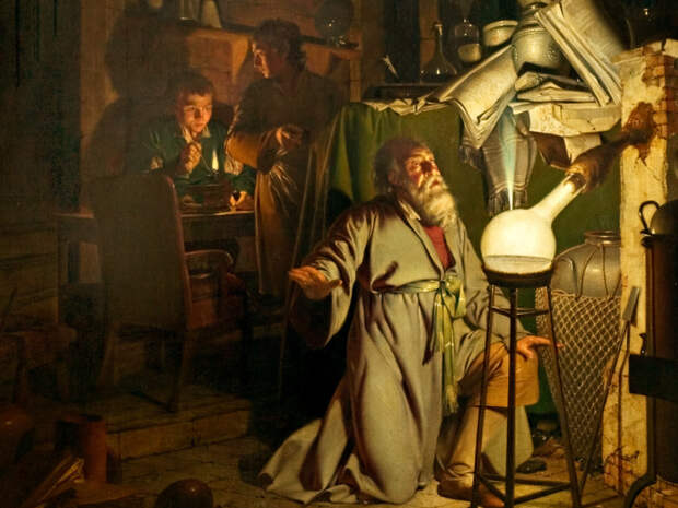 Фрагмент картины «Алхимик в поисках философского камня, обнаруживает фосфор и молится за успешное завершение его действий, согласно обычаю древних химических астрологов». Джозеф Райт, 1771 год. | Фото: libmedia.willamette.edu.