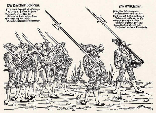 Ландскнехты-стрелки из цикла гравюр «Поход ландскнехтов» Эрхарда Шёна (около 1535 года). Примерно так мог выглядеть богемский контингент в польском войске под Обертином. Zeno - Комета над Покутьем | Военно-исторический портал Warspot.ru