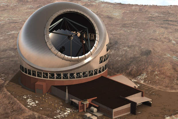 An artist's illustration of the Thirty Meter Telescope (TMT) atop the volcanic peak of Mauna Kea in Hawaii. The construction phase of the TMT project officially kicked off on Oct. 7, 2014; the telescope's "first light' should come in 2022.