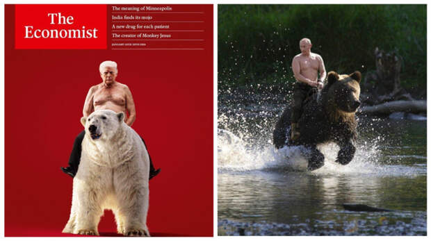 Полуголый Трамп залез на медведя на новой обложке The Economist