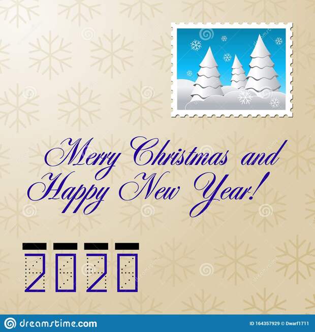 Merry Christmas and Happy New Year calligraphic lettering on vintage paper vector square social network post or banner template. Old postcard style with zip code and postage stamp.