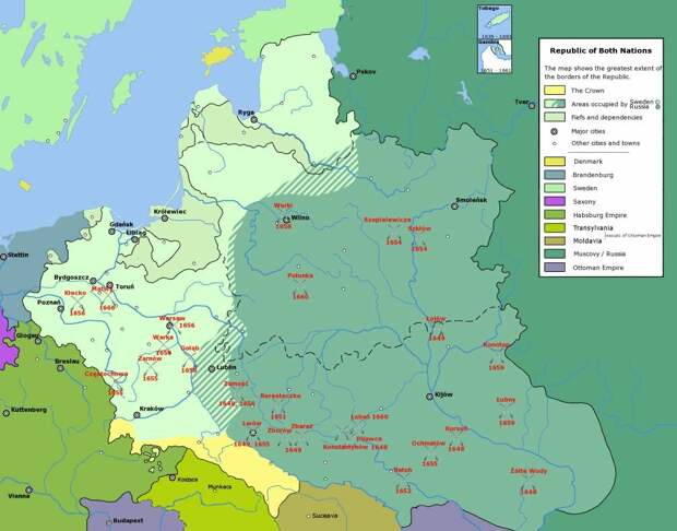 Зеленым цветом в центре показаны территории Речи Посполитой, которые оккупировали царские войска во время русско-польской войны 1654-1667 гг.