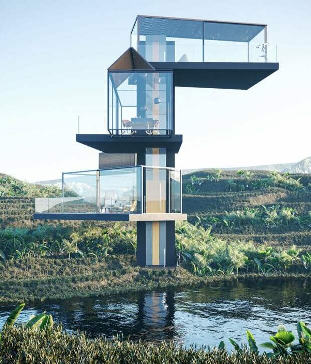 Китайские дизайнеры представили концепт прозрачного дома, главной изюминкой которого станет лифт («Дом на рисовом поле»). | Фото: mymodernmet.com.