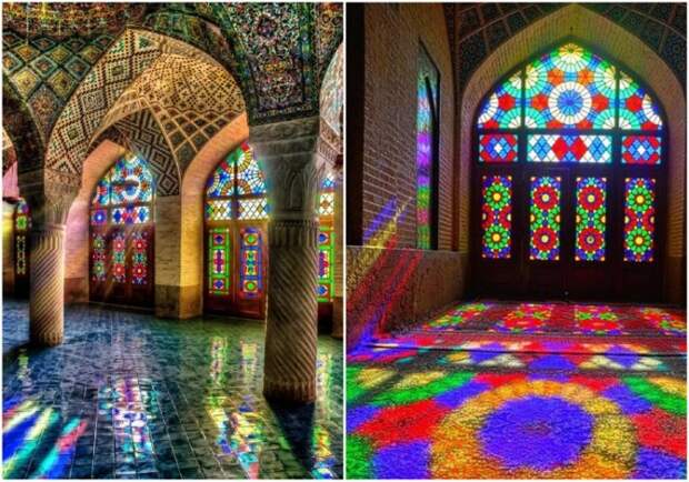 Витражи расписаны в особом стиле, поэтому возникает иллюзия объемного цветовосприятия (Nasir al-Mulk, Иран). | Фото: picbear.org.
