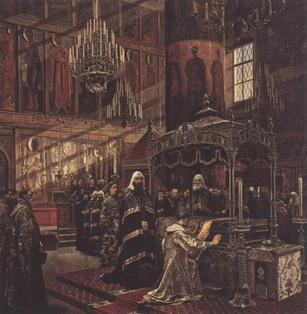 Александр Дмитриевич Литовченко. "Царь Алексей Михайлович и Никон, епископ Новгородский, у гроба чудотворца Филиппа, митрополита Московского". 1886.
