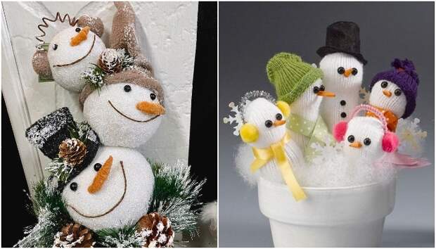 Целую компанию веселых снеговиков можно сделать из подручных материалов.