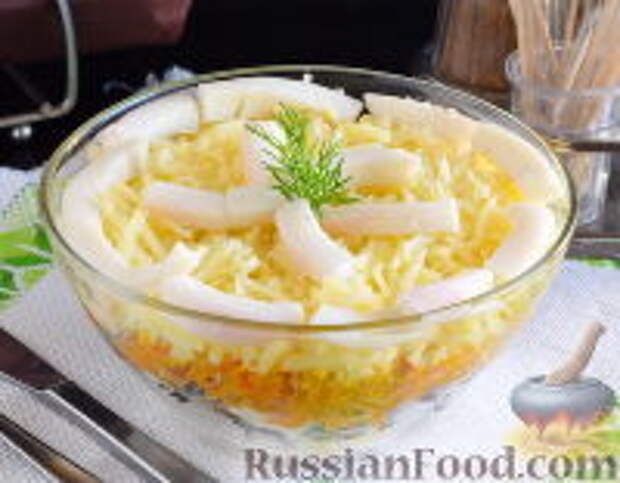 Фото к рецепту: Слоеный салат с кальмарами и грибами