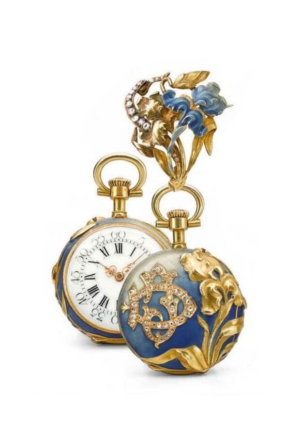 A YELLOW GOLD, ENAMEL AND DIAMOND-SET ART NOUVEAU OPEN-FACED KEYLESS LEVER PENDANT WATCH WITH BROOCH AND ADDITIONAL CHAIN LOOP ATTACHMENT CIRCA 1910.: 