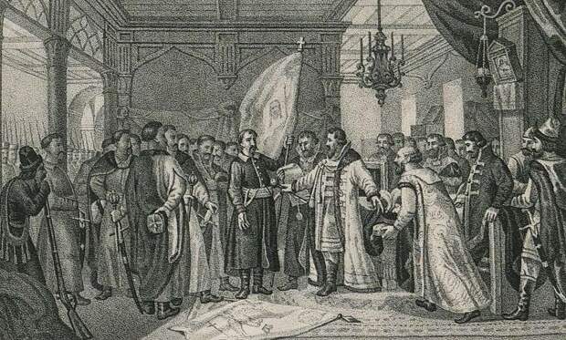 Боярин Бутурлин принимает присягу гетмана Хмельницкого на подданство русскому царю. Гравюра 1910 года.