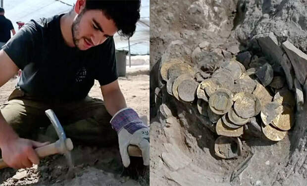 Студент бесплатно помогал археологам в пустыне, когда кирка уткнулась в твердый предмет. В кувшине тысячу лет лежал почти килограмм золотых монет