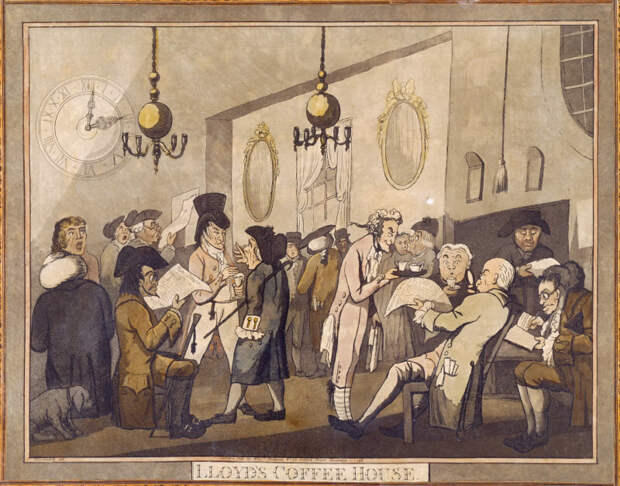 Лондонская кофейня XVIII века, раскрашенная гравюра.