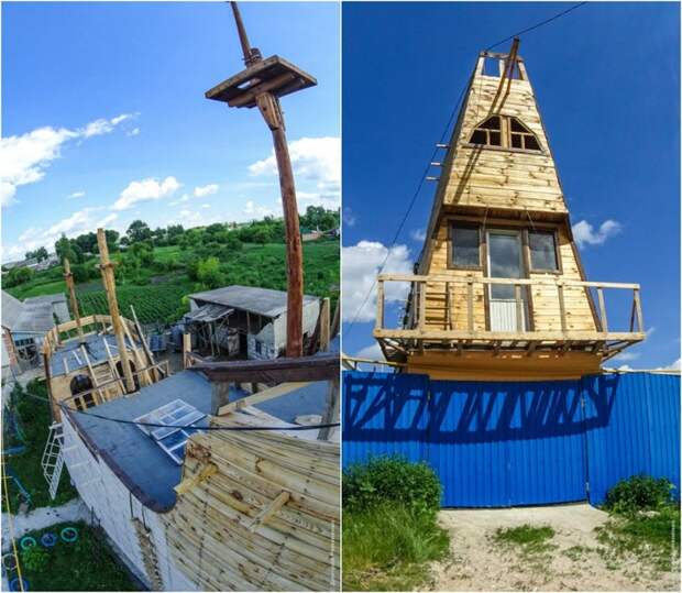 Житель села строит на дачном участке модель галеона