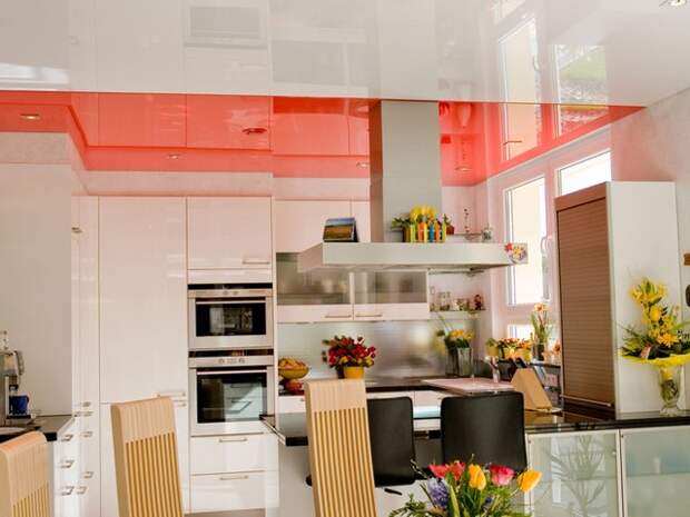 Натяжной потолок может отлично дополнить общий интерьер кухни