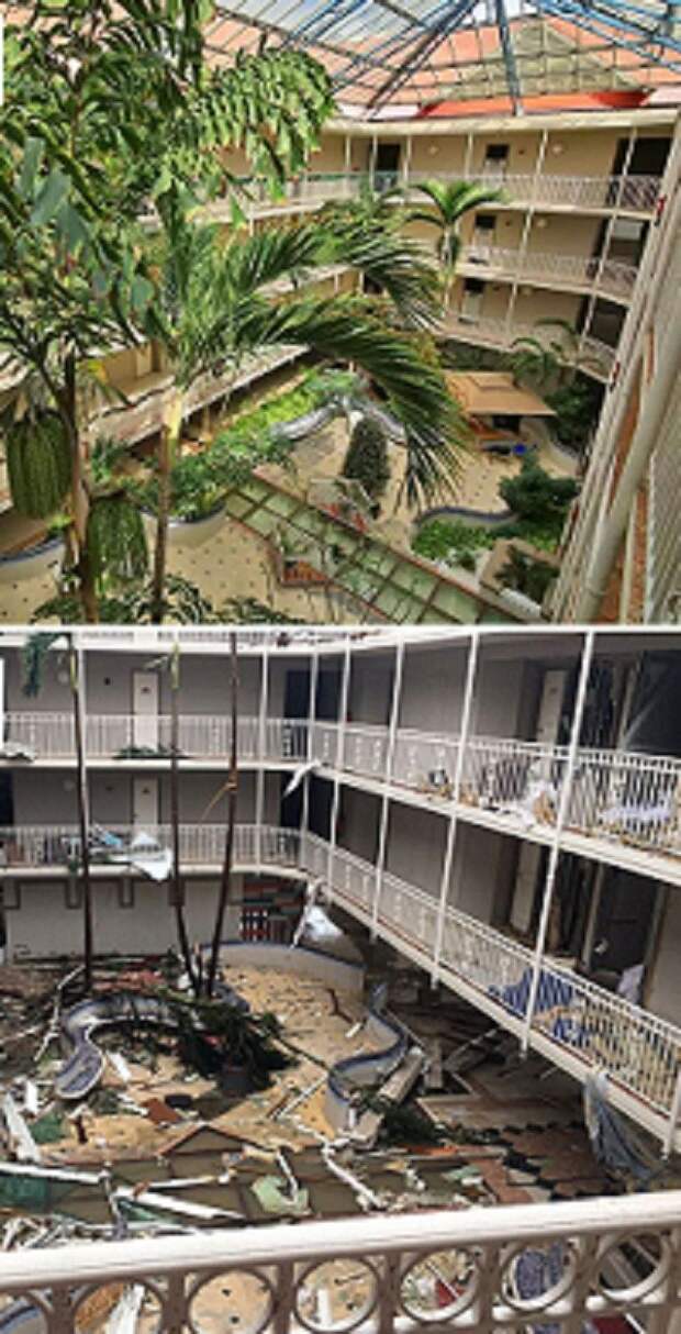 Отель "Бич Плаза" на острове Сен-Мартен до и после удара стихии Центральная Америка, ирма, катастрофа, разрушения, стихийное бедствие, стихия, ураган, флорида