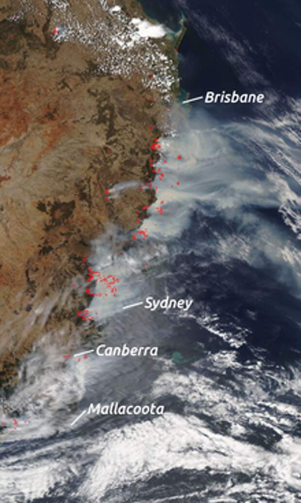 Пожары у восточного берега Австралии, снимок со спутника NASA 7.12.2019