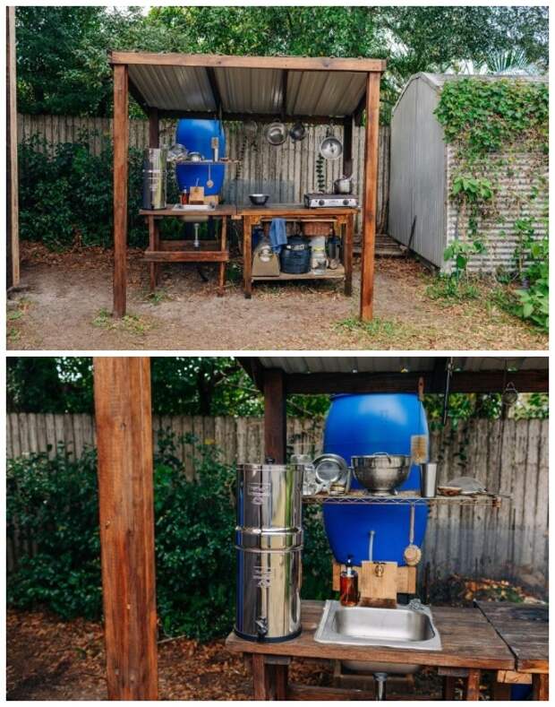 Кухня и все необходимое оборудование для приготовления пищи расположено под навесом во дворе («Teeny Greeny», США). | Фото: obgreenfield.tv.