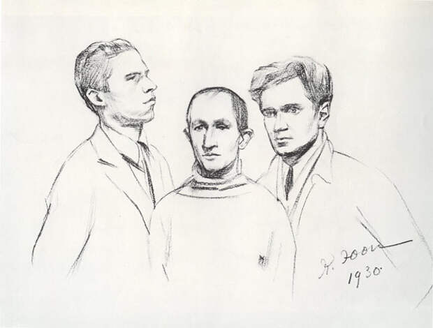 1930 Портрет трех художников (Кукрыниксы). М.В.Куприянов, П.Н.Крылов, Н.А.Соколов. 
