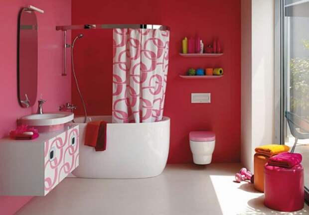 красный цвет в дизайне ванной комнаты, bathroom in red, red bathroom, красная ванная, фото красной ванной комнаты
